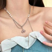 [COD] and cool pink cherry girl titanium steel necklace niche hot style pearl splicing chain clavicle