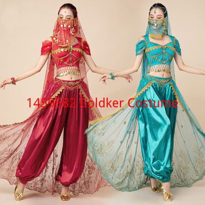 hot【DT】 Arabian Belly Aladdin Up Costume 5 Pieces Set (Top Pants Veil Earrings Sari )