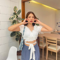 พร้อมส่ง ?? Cream crop ครอปแขนจั้มผูกโบว์เอว (IN38369)