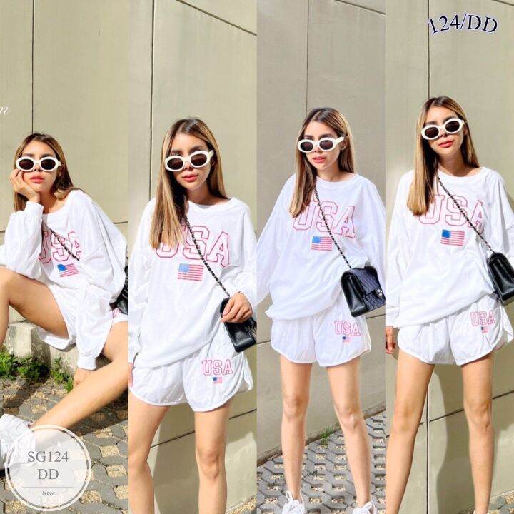 ml124-usa-sweater-short-set-เซทเสื้อสเวตเตอร์-ใส่ซกแขนและชายเสื้อ-มาพร้อมกางเกงขาสั้นทรงบาร์บี้-สกรีน-usa-ทั่งตัวเสื้อและขากางเกง-ดีไซน์สวย-เนื้อผ้าดี-ใส่สบาย-กางเกงมีกระเป๋าล้วงข้าง-สามารถใส่ไปเที่ยว