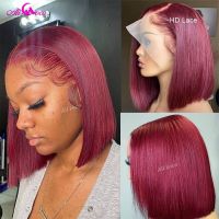 【jw】✻  180  Density 99J Burgundy Short Bob Wig Human Hair 13X4 Frontal Wigs Color Front Pre Plucked