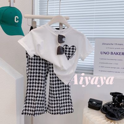 Aiyaya ชุดเสื้อผ้าเด็กผู้หญิง ชุดเสื้อแขนสั้น Houndstooth + กางเกงบาน ชุดเซต 2 ชิ้น (226)