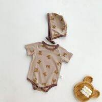 Newborn Short Sleeve Cartoon Cute Bear Romper + Hat Suit Infants Girl Boy Jumpsuit Bodysuit Summer Baby Clothes Set