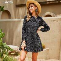 Lovito เดรสหรูรา ลายจุด สีดำ ทรงเอ คอกลม สำหรับหน้าร้อน L01252 (Black)