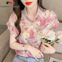 YIFC New western style female floral chiffon jacquard organza lapel short-sleeved shirt female fashion temperament female all-match blouse