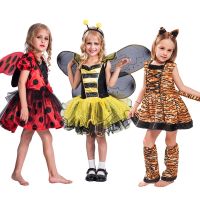 ZZOOI Halloween Costume Kids Animal Cosplay Tiger Leopard Bee Unicorn Pink Cat Tutu Dress Christmas Costume For Girls Purim Outfit