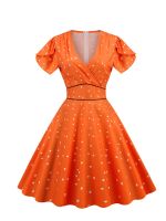 S-3XL Orange Summer Dresses for Women 2023 V Neck Big Swing Vintage Robe Femme Elegant Retro 50s Pinup Party Office Midi Dress