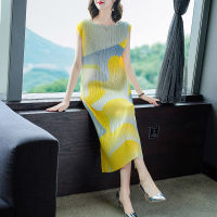 New Womens Retro Print Slim Round Neck Pleated Dress