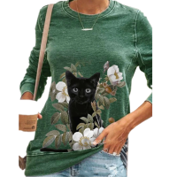 New Cute Cat Print Long Sleeve Round Neck Pullover Womens T-shirt Casual All-Match Novel T-shirts Women Cotton Black Gray Tops