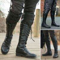 2021 Winter Boots Men Mens Vintage Medieval Knee High Boots Cross Strap Lace Up Shoes Men Flat Cool Moto Boots Fall