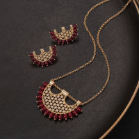 Luxury Romatic Women Gold Pendant Lone Necklace Earring Set Hollow out Fan Shape Design ArabicStyle Wedding Bride Jewelry