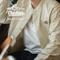 ร้อน, ร้อน★Maden brand 2023 autumn new men tooling Japanese retro calm stylish vertical pinstripe stand-up collar loose silhouette comfortable skin-friendly long-sleeved shirt