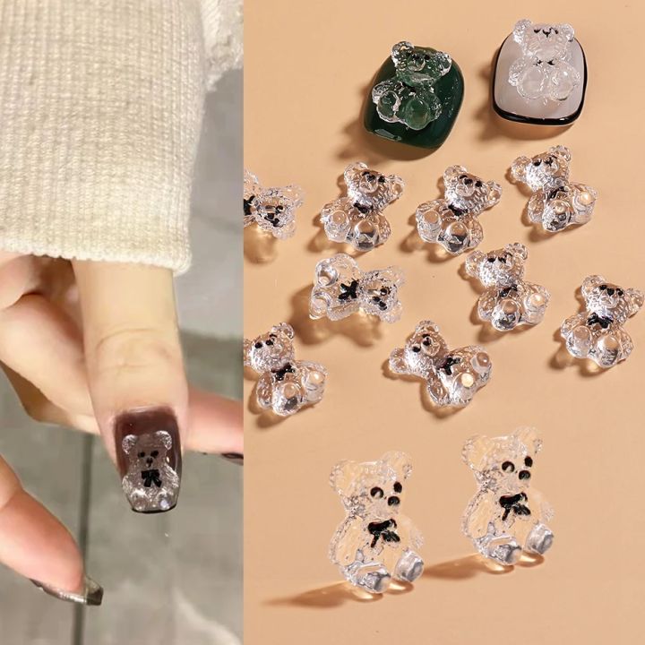3D Cute Ice Translucent Jelly Bear Black Bowknot Resin Nail Art Rhinestones  Gem Decoration Manicure Ornaments Accessories