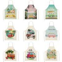 Summer Bus Printing Women Kitchen Aprons Waterproof Cooking oil-proof Cotton Linen Antifouling Chef Apron Cleaning 55x68cm Aprons