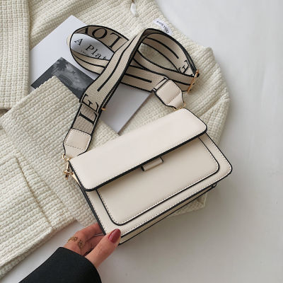 Classic PU Leather Flap Crossbody Bags for Women 2021 Canvas Wide Strap Travel Small Female Shoulder Bag White Designer Handbags