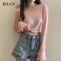 IELGY เสื้อลูกไม้แขนยาวสไตล์เกาหลี,เสื้อผ้าลูกไม้สีพื้น