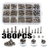 360PCS M3/M4/M5 Stainless Steel Micro Thread Round Head Screw Nut Bolt Cross Round Flat Washer Spring Kit Nails  Screws Fasteners