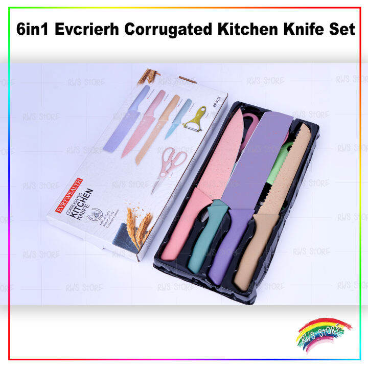6 in 1 Evcrierh Corrugated Kitchen Knife Set 麦秸秆彩色厨房刀具6件套Set Alat Pisau