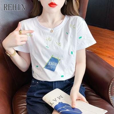 REHIN ของผู้หญิงด้านบนสีขาวแขนสั้นเสื้อยืดฤดูร้อนใหม่หลวมบอดี้สูทออกแบบซอกพิมพ์เสื้อหรูหรา