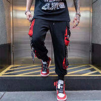 FOJAGANTO Hip Hop Cargo Pants Joggers Men Letter Ribbons Pockets Track Tactical Casual Trousers Male Trend High Street Pants