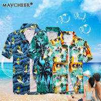 MAYCHEER  เสื้อเชิ้ตลำลองสำหรับผู้ชายริมทะเลรีสอร์ทแขนสั้นของผู้ชายแขนสั้นพิมพ์ลายพรีเมี่ยม