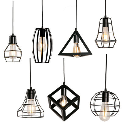 7 type modern black cage pendant lights iron minimalist retro nordic loft pyramid lamp metal Hanging Lamp E27 Indoor