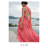 Kemissara Bow Ruffle Neck Open Back SET (Top &amp; Skirt) - Rose Pink ชุดพลีตผู้หญิงไหล่ลํ้า Ruffle ที่คอ ชุดพริ้วปล่อยสบาย กระโปรงเอวยางยืด