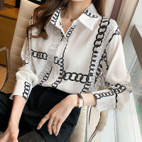 Ready-stock spring European and American chain print silk ski spun shirt women 2021 spring new Long sleeve printed shirt women