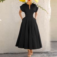 【YF】 Simple Fashion Solid Waist Buttoned Hem Maxi Dress Women Spring V Neck A-Line Long Party Summer Short Sleeve Boho Dresses