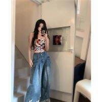 Ready Stock 2022 New Style Large Size Ripped Fringed Wide-Leg Jeans Female Fat mm Hot Girl High Waist Mopping Pants Influencer ins