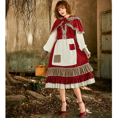 เสื้อผ้าฮาโลวีนใหม่การค้าต่างประเทศ Lolita ชุดกระโปรง แพทช์ลูกไม้หนูน้อยหมวกแดง ชุดเดรสน่ารักสีไวน์แดง
