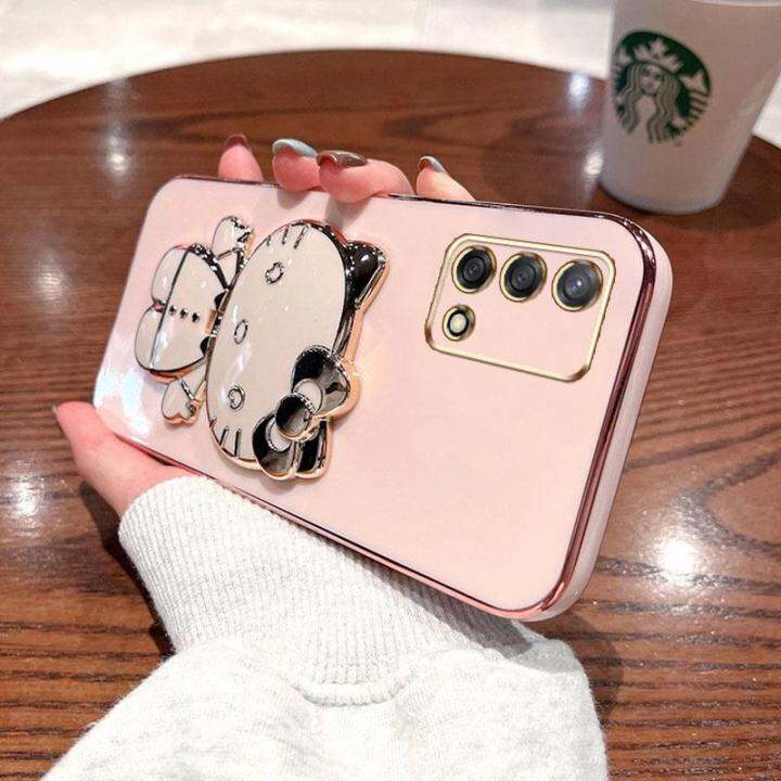 folding-makeup-mirror-phone-case-for-oppo-a74-4g-reno-6-lite-4g-a95-4g-f19-f19s-4g-case-fashion-cartoon-cute-cat-multifunctional-bracket-plating-tpu-soft-cover-casing