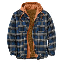 European American Mens Quilted Lined Button Down Cotton Plaid Shirt Add Velvet Warm Long-sleeved With Hood Autumn Winter Jacket