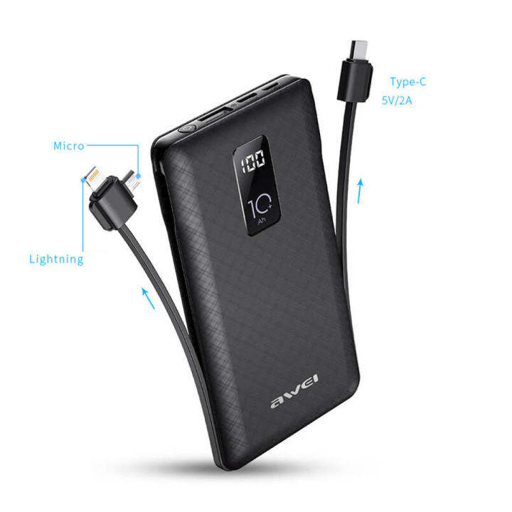 Awei Original P8K Power Bank 10000mAh w/ Built-in Type-C Micro ...