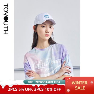 Toyouth Women Tees  Summer Short Sleeve Round Neck Loose T-shirt Letters Print Tie-dye Fashion Personality Tops