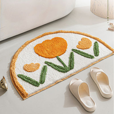 Bathroom Mat Simple Fresh Tulip Flora Half Circle Soft Carpet Absorbent Slip-resistant Pad Kitchen Door Floor Mat Artistic Decor