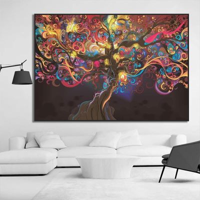 Psychedelic Tree Of Life Neon ภาพวาดผ้าใบพิมพ์โปสเตอร์สำหรับตกแต่งห้องนั่งเล่นสมัยใหม่