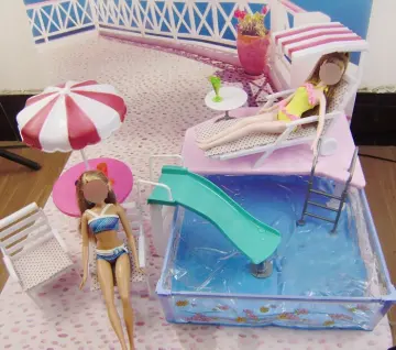 Barbie Doll, 11.5-inch Blonde, and Pool Playset with Slide and Accessories
