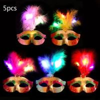 5Pcs/Set Halloween LED Light Up Feather Mask Gold Shining Plated Masquerade Mardi Gras Half Face Cover Cosplay Dance Party Favor