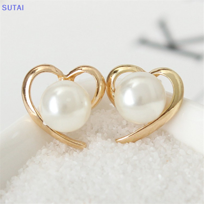 💖【Lowest price】SUTAI ต่างหูมุกเทียมสำหรับผู้หญิงต่างหูรูปหัวใจสีทองของขวัญวันคริสต์มาสต่างหูแบบแปลก