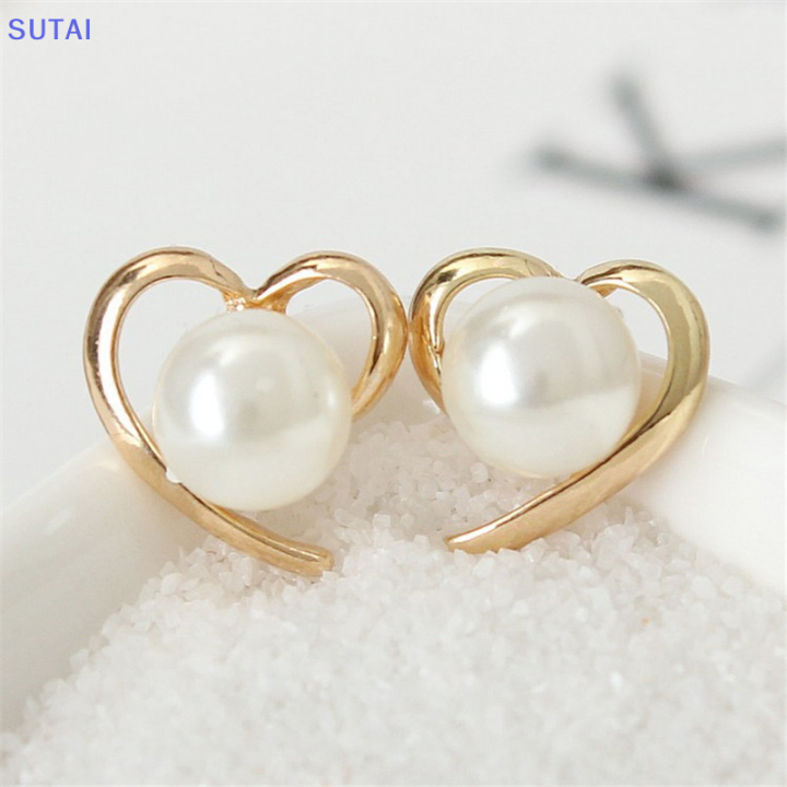 lowest-price-sutai-ต่างหูมุกเทียมสำหรับผู้หญิงต่างหูรูปหัวใจสีทองของขวัญวันคริสต์มาสต่างหูแบบแปลก