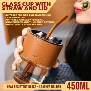 450ml Straw Glass Coffee Cup With Lid And Handle Drink Cup
