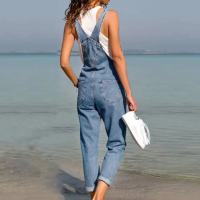 (ร้อน) 2023 Denim Jumpsuits ผู้หญิงโดยรวมแฟชั่น Casual หลวม Slim Blue Suspenders กางเกงหญิง Jean