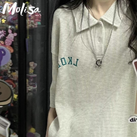 Molisa แขนสั้นเสื้อยืด เสื้อ poloไซส์ใหญ่อเมริกัน วินเทจสไตล์วิทยาลัย 2023 ใหม่ MI230332