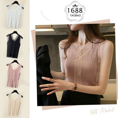 1688 MARKET F-3267 เสื้อแขนกุด คอวี แต่งลูกไม้ สไตล์เกาหลี