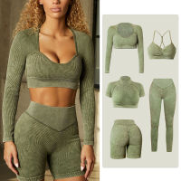 Ribbed Washed Seamless Yoga Set Crop Top Women Shirt Leggings Two Piece Outfit Gym Wear Workout Fitness Suit Sport Sets Clothes