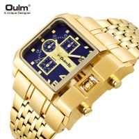 Oulm gold large dial mens watch steel belt calendar square quartz mens watch casual style 【QYUE】