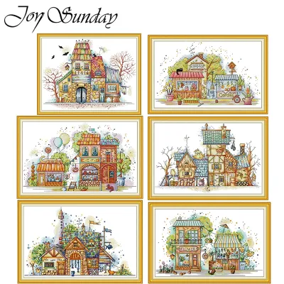 ☋卐✑ JoySunday Houses Pattern Printed Cross Stitch Kits Aida 16CT 14CT 11CT Fabric Folk Crafts Needlepoint DIY Hand Embroidery Sets