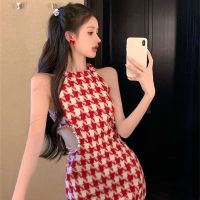 COD DSTGRTYTRUYUY Dresses for Two Design Sense Niche Rhinestone Red Houndstooth Halterneck Sling Summer New Style French Skirt