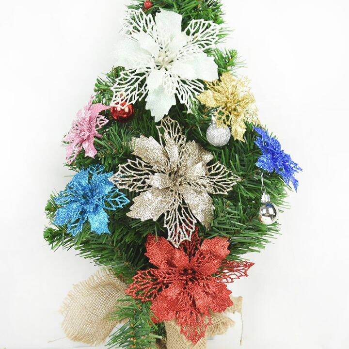 4pcs 16cm Gold Silver Red Glitter Flowers Polyester Silk Artificial Flowers for Christmas